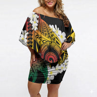Piko Hawaiian Off Shoulder Short Dress Gradient Spiral Plumeria Tribal Patterns