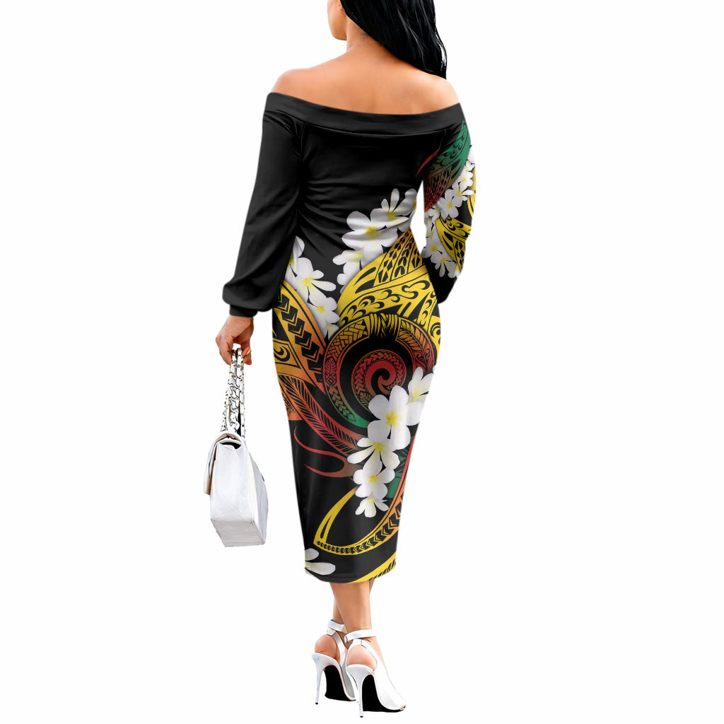 Piko Hawaiian Off The Shoulder Long Sleeve Dress Gradient Spiral Plumeria Tribal Patterns