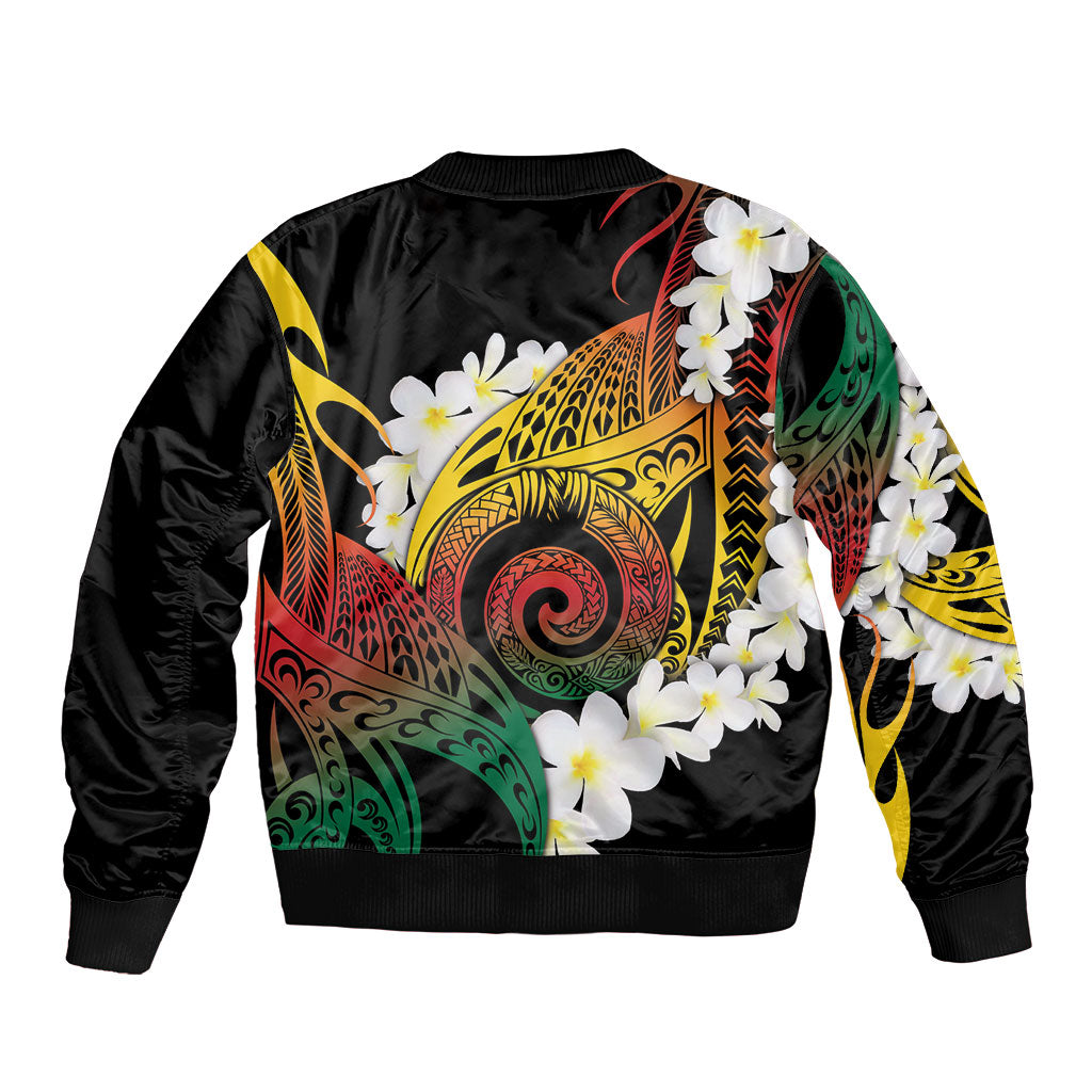 Piko Hawaiian Sleeve Zip Bomber Jacket Gradient Spiral Plumeria Tribal Patterns