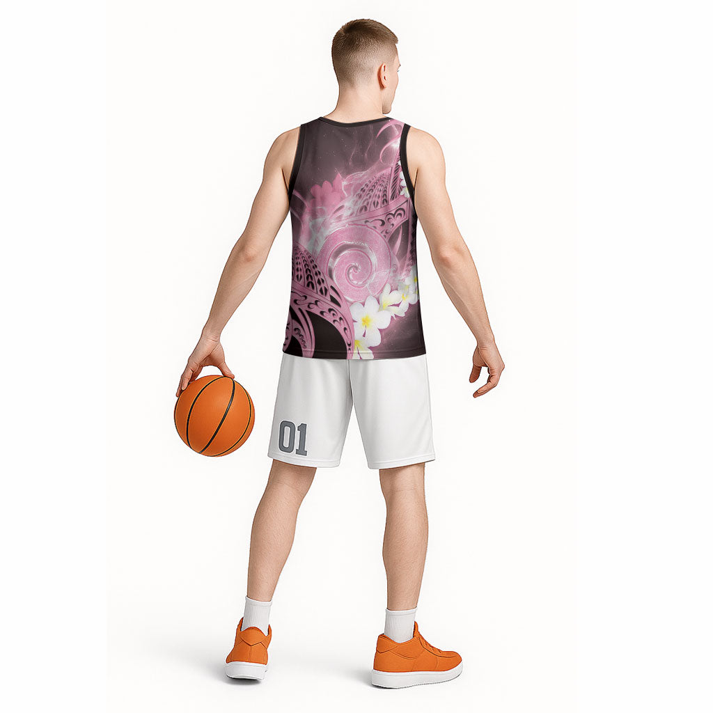 Piko Hawaiian Basketball Jersey Pink Galaxy Spiral Plumeria Tribal Patterns