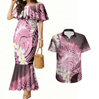Piko Hawaiian Couples Matching Mermaid Dress and Hawaiian Shirt Pink Galaxy Spiral Plumeria Tribal Patterns