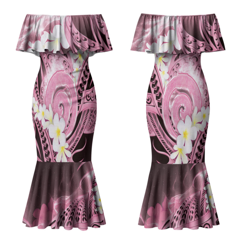 Piko Hawaiian Couples Matching Mermaid Dress and Long Sleeve Button Shirt Pink Galaxy Spiral Plumeria Tribal Patterns