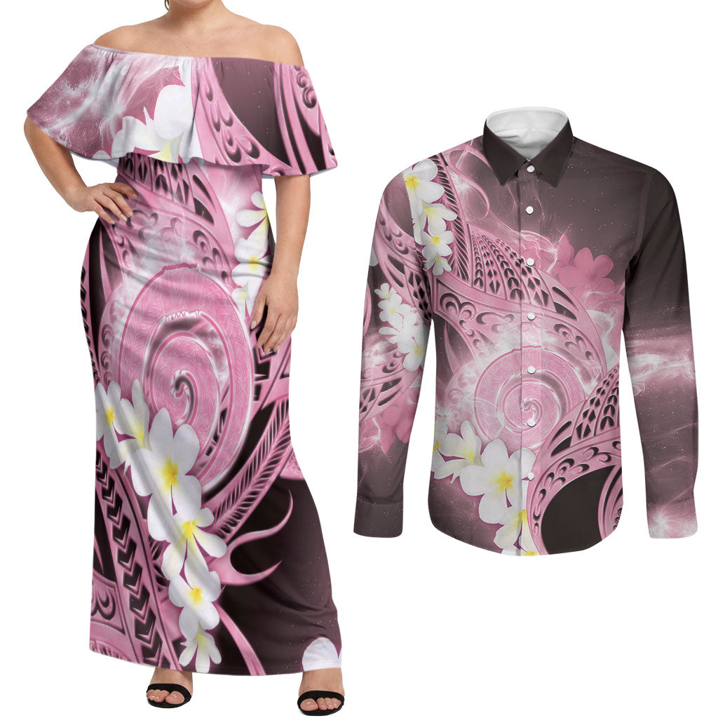 Piko Hawaiian Couples Matching Off Shoulder Maxi Dress and Long Sleeve Button Shirt Pink Galaxy Spiral Plumeria Tribal Patterns
