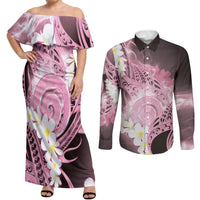 Piko Hawaiian Couples Matching Off Shoulder Maxi Dress and Long Sleeve Button Shirt Pink Galaxy Spiral Plumeria Tribal Patterns