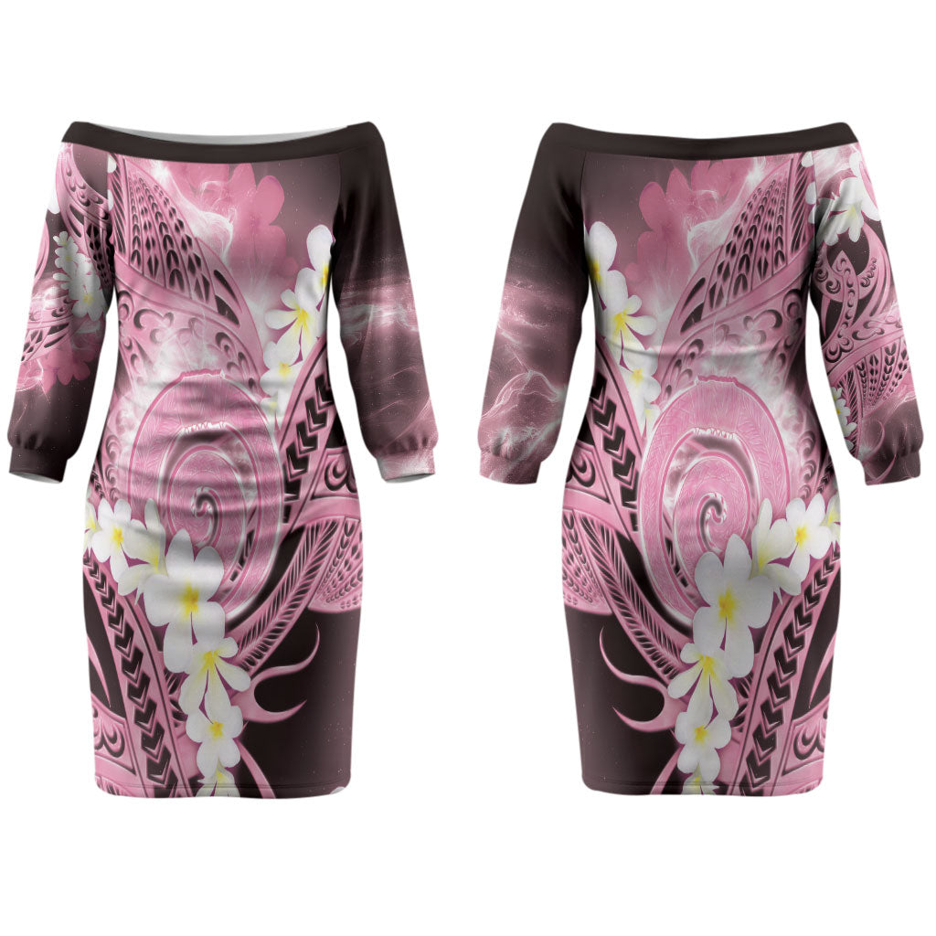 Piko Hawaiian Couples Matching Off The Shoulder Long Sleeve Dress and Hawaiian Shirt Pink Galaxy Spiral Plumeria Tribal Patterns
