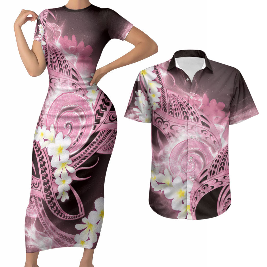 Piko Hawaiian Couples Matching Short Sleeve Bodycon Dress and Hawaiian Shirt Pink Galaxy Spiral Plumeria Tribal Patterns