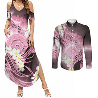 Piko Hawaiian Couples Matching Summer Maxi Dress and Long Sleeve Button Shirt Pink Galaxy Spiral Plumeria Tribal Patterns