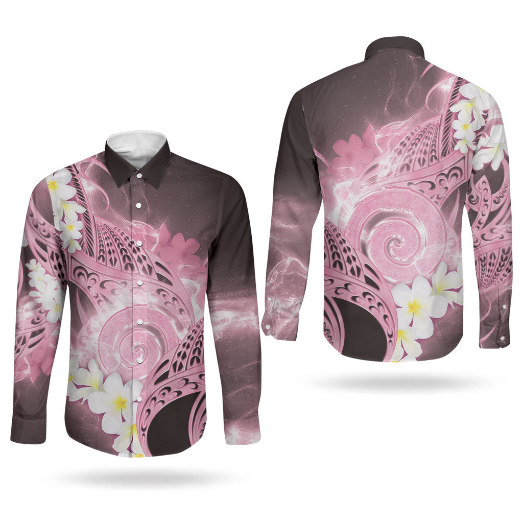 Piko Hawaiian Couples Matching Summer Maxi Dress and Long Sleeve Button Shirt Pink Galaxy Spiral Plumeria Tribal Patterns