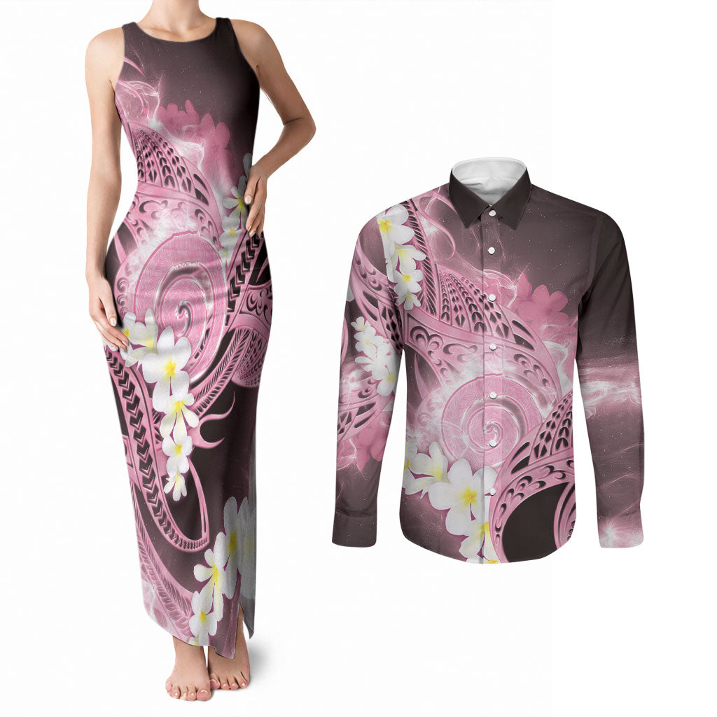Piko Hawaiian Couples Matching Tank Maxi Dress and Long Sleeve Button Shirt Pink Galaxy Spiral Plumeria Tribal Patterns