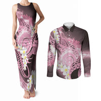 Piko Hawaiian Couples Matching Tank Maxi Dress and Long Sleeve Button Shirt Pink Galaxy Spiral Plumeria Tribal Patterns