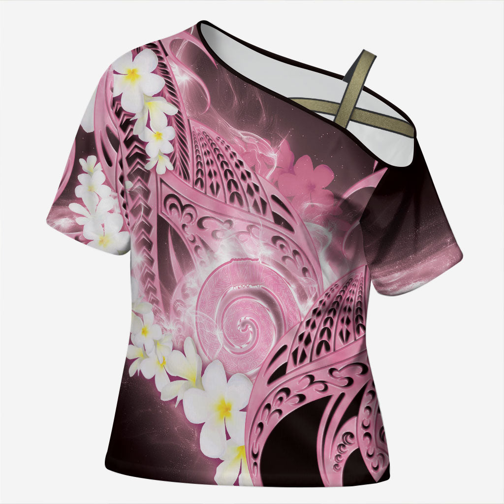 Piko Hawaiian Cross Shoulder Shirt Pink Galaxy Spiral Plumeria Tribal Patterns
