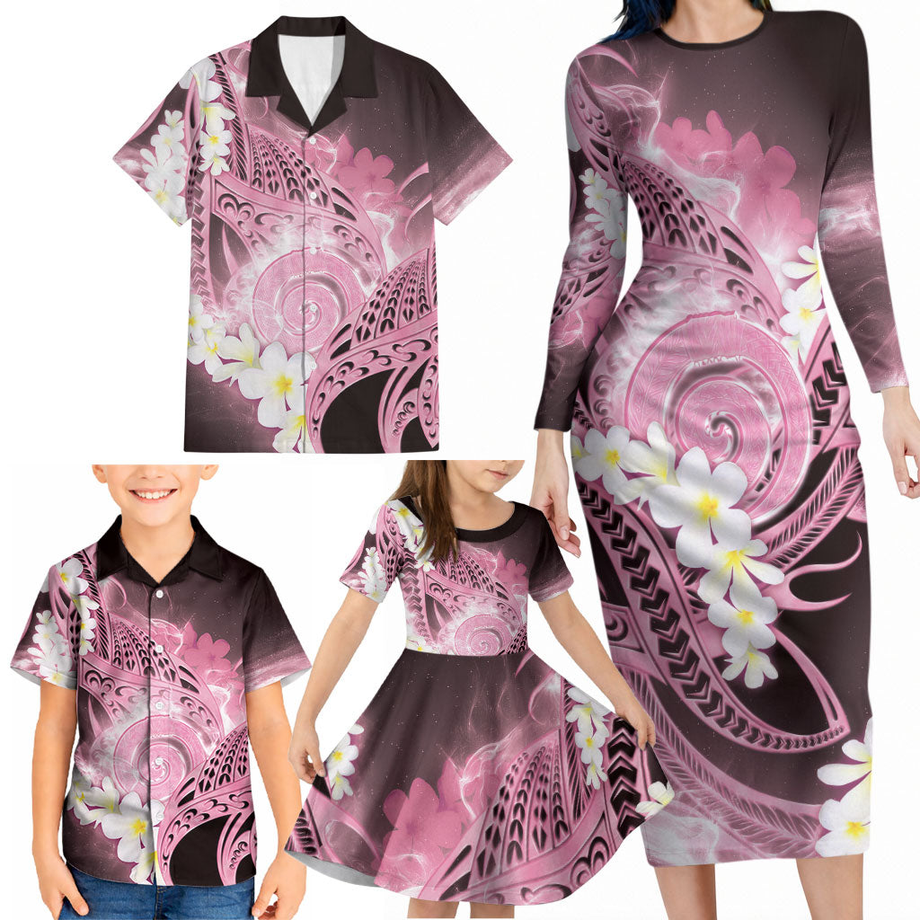 Piko Hawaiian Family Matching Long Sleeve Bodycon Dress and Hawaiian Shirt Pink Galaxy Spiral Plumeria Tribal Patterns