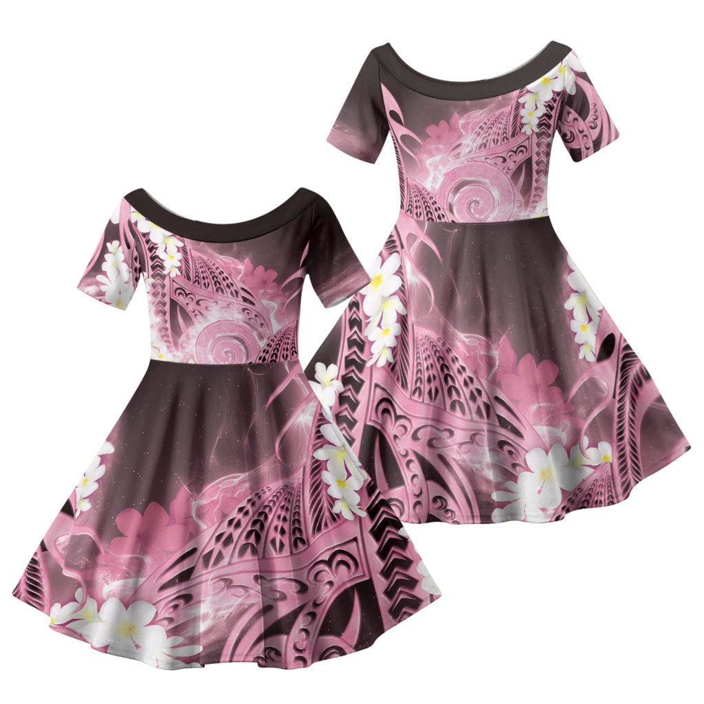 Piko Hawaiian Family Matching Long Sleeve Bodycon Dress and Hawaiian Shirt Pink Galaxy Spiral Plumeria Tribal Patterns