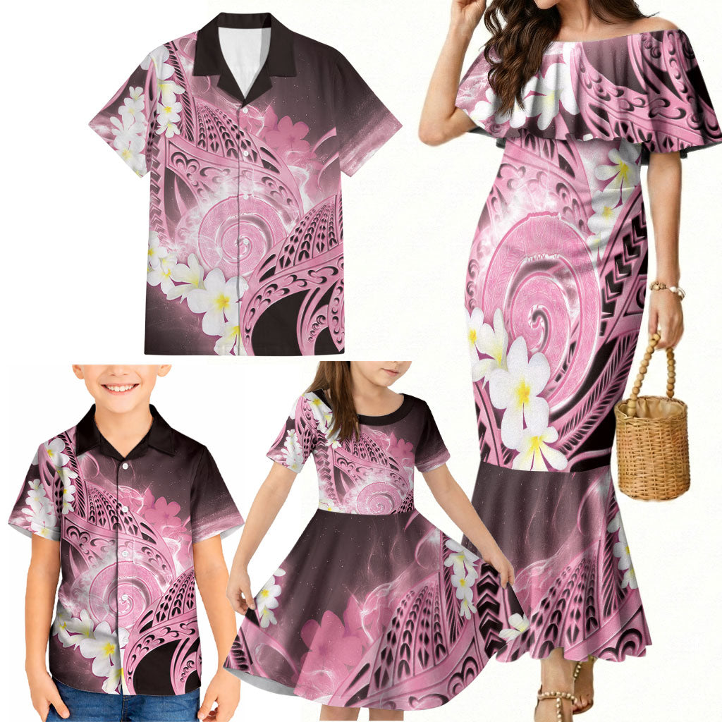 Piko Hawaiian Family Matching Mermaid Dress and Hawaiian Shirt Pink Galaxy Spiral Plumeria Tribal Patterns
