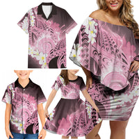 Piko Hawaiian Family Matching Off Shoulder Short Dress and Hawaiian Shirt Pink Galaxy Spiral Plumeria Tribal Patterns