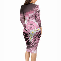 Piko Hawaiian Long Sleeve Bodycon Dress Pink Galaxy Spiral Plumeria Tribal Patterns
