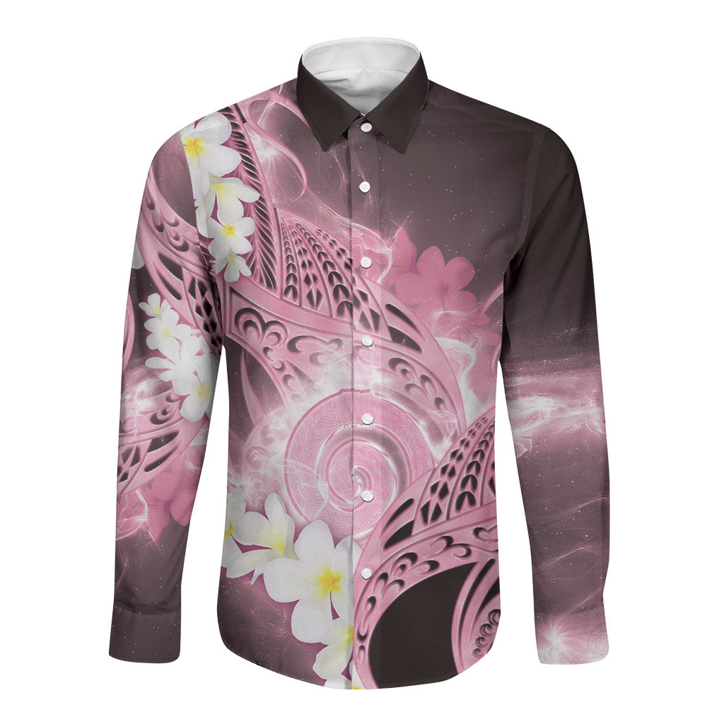Piko Hawaiian Long Sleeve Button Shirt Pink Galaxy Spiral Plumeria Tribal Patterns