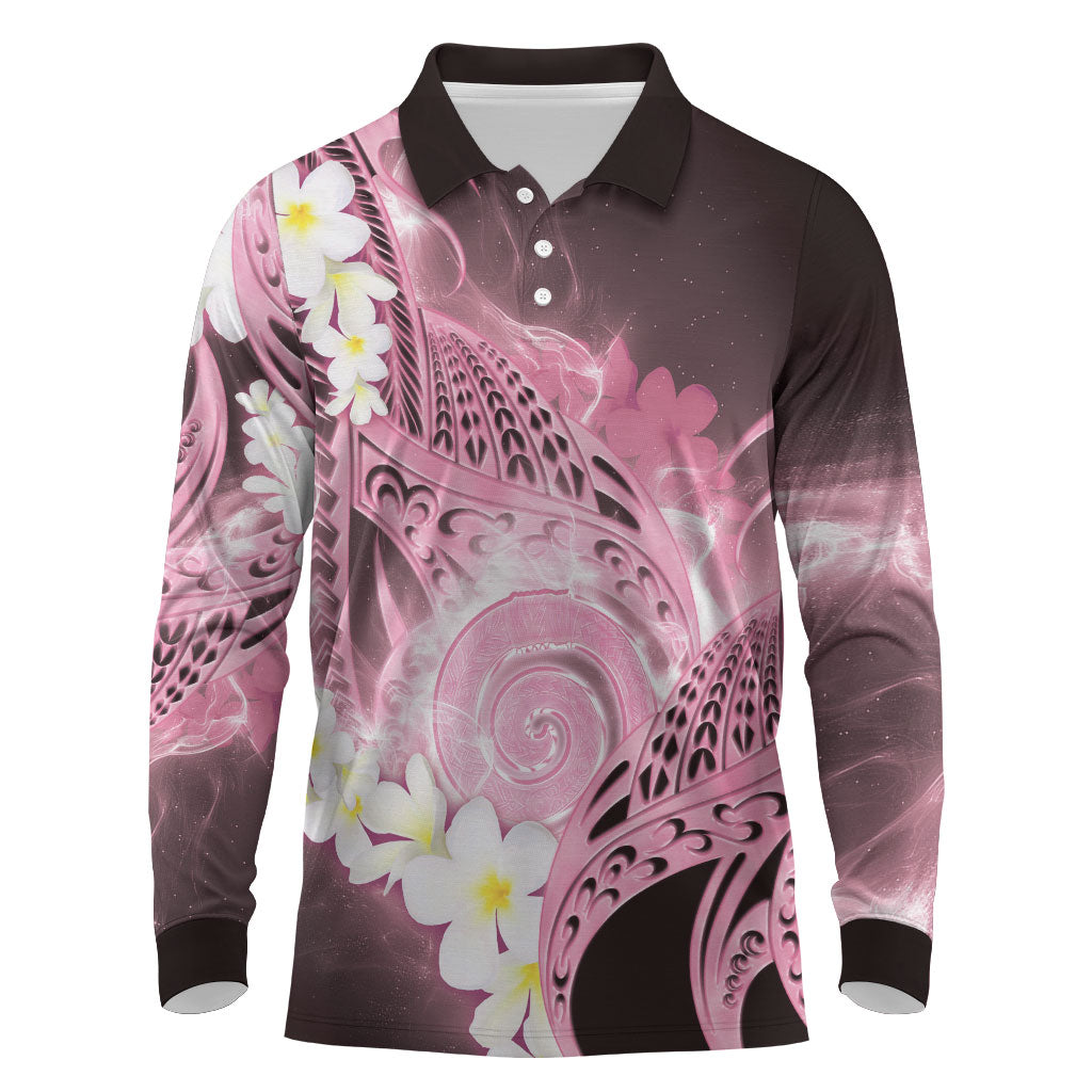 Piko Hawaiian Long Sleeve Polo Shirt Pink Galaxy Spiral Plumeria Tribal Patterns