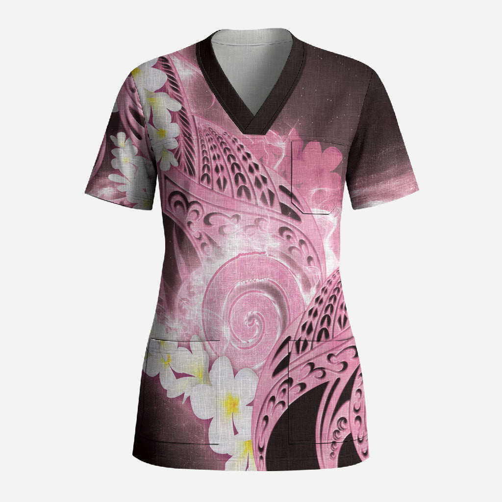 Piko Hawaiian Scrub Top Pink Galaxy Spiral Plumeria Tribal Patterns DT05 Adult Pink - Polynesian Pride