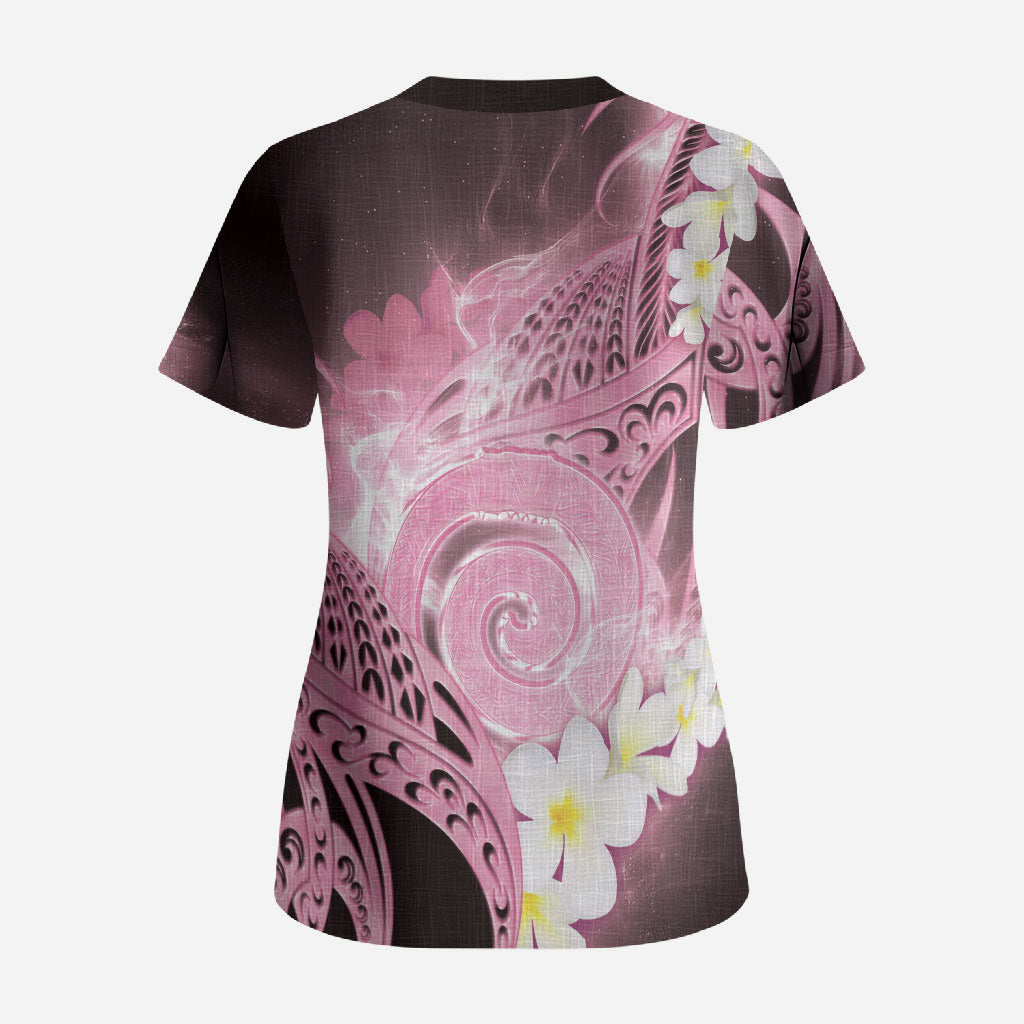 Piko Hawaiian Scrub Top Pink Galaxy Spiral Plumeria Tribal Patterns