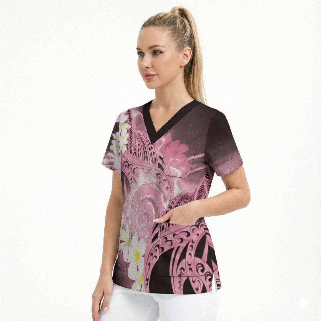 Piko Hawaiian Scrub Top Pink Galaxy Spiral Plumeria Tribal Patterns
