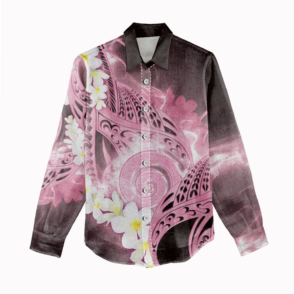 Piko Hawaiian Women Casual Shirt Pink Galaxy Spiral Plumeria Tribal Patterns