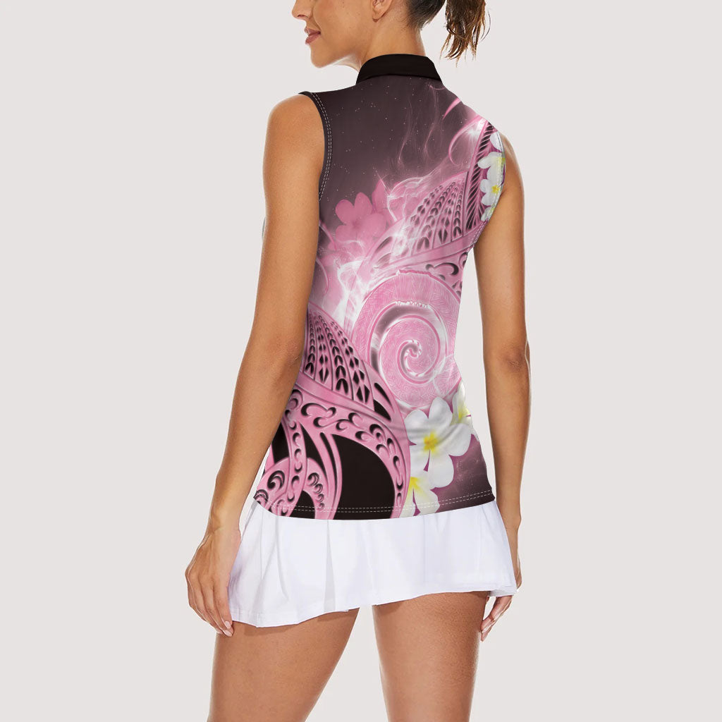 Piko Hawaiian Women Sleeveless Polo Shirt Pink Galaxy Spiral Plumeria Tribal Patterns