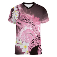 Piko Hawaiian Women V-Neck T-Shirt Pink Galaxy Spiral Plumeria Tribal Patterns