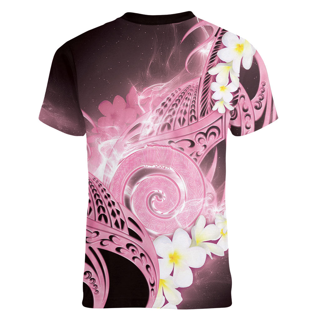 Piko Hawaiian Women V-Neck T-Shirt Pink Galaxy Spiral Plumeria Tribal Patterns