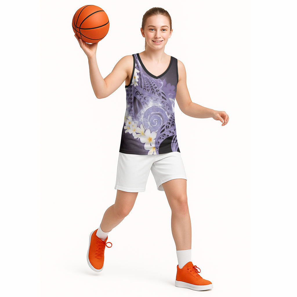 Piko Hawaiian Basketball Jersey Purple Galaxy Spiral Plumeria Tribal Patterns