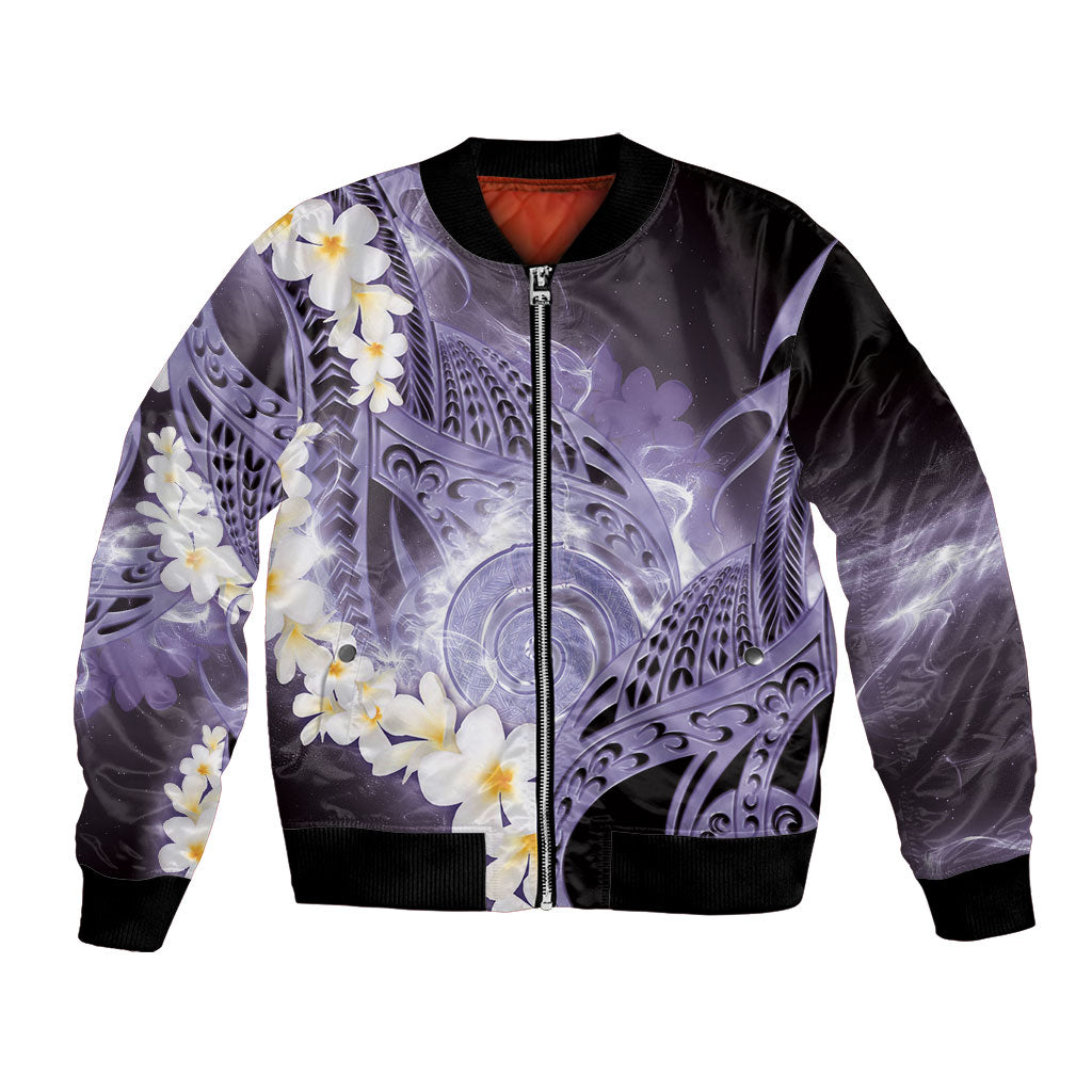Piko Hawaiian Bomber Jacket Purple Galaxy Spiral Plumeria Tribal Patterns