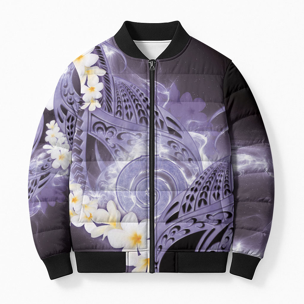 Piko Hawaiian Bomber Puffer Jacket Purple Galaxy Spiral Plumeria Tribal Patterns