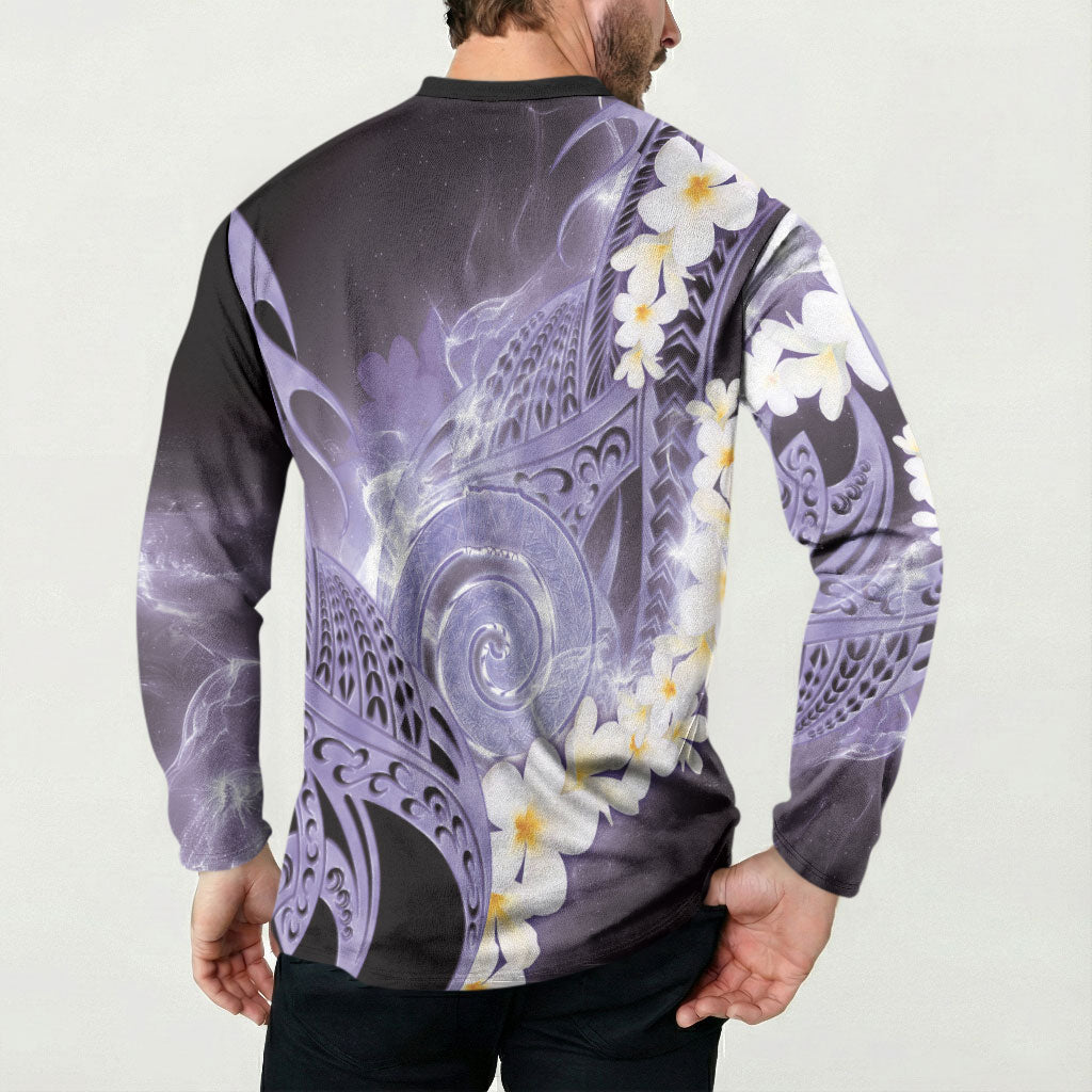 Piko Hawaiian Button Sweatshirt Purple Galaxy Spiral Plumeria Tribal Patterns