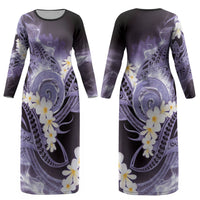 Piko Hawaiian Couples Matching Long Sleeve Bodycon Dress and Long Sleeve Button Shirt Purple Galaxy Spiral Plumeria Tribal Patterns