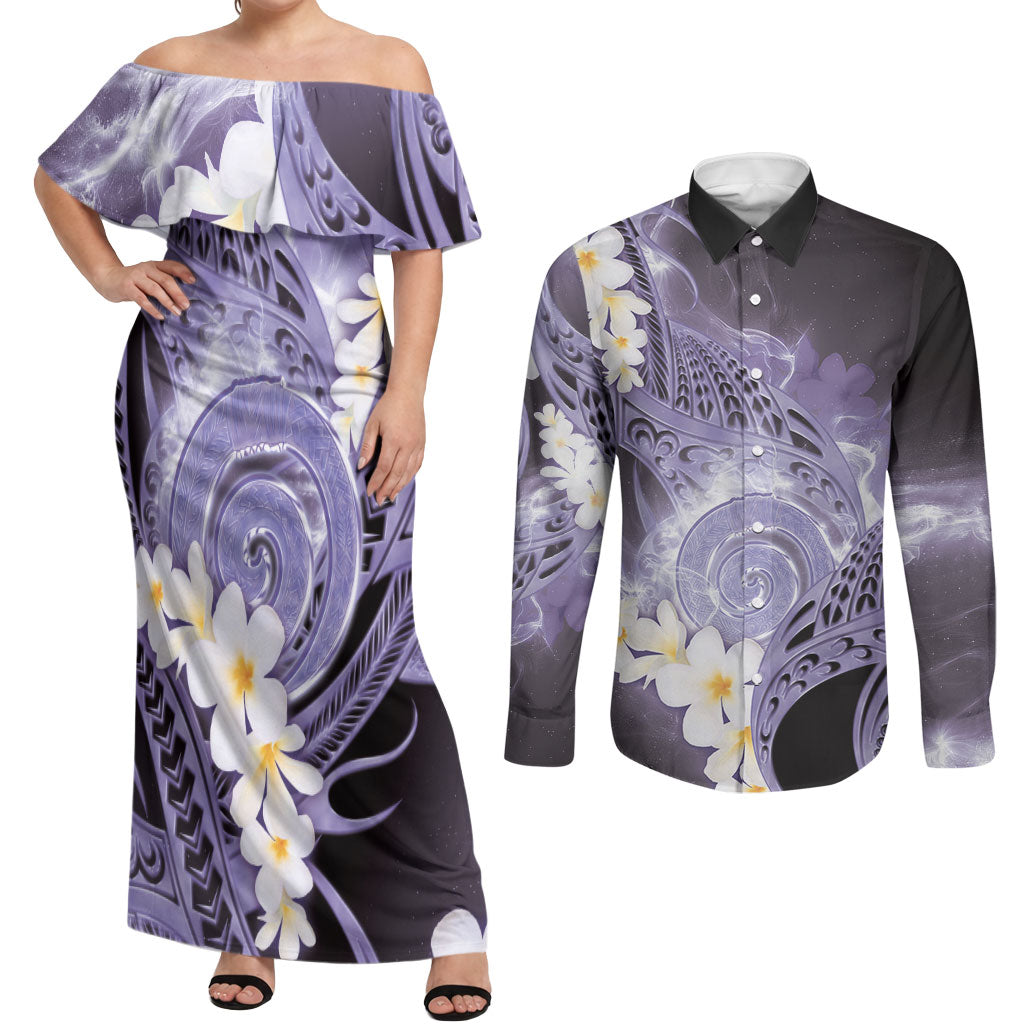 Piko Hawaiian Couples Matching Off Shoulder Maxi Dress and Long Sleeve Button Shirt Purple Galaxy Spiral Plumeria Tribal Patterns