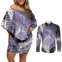Piko Hawaiian Couples Matching Off Shoulder Short Dress and Long Sleeve Button Shirt Purple Galaxy Spiral Plumeria Tribal Patterns