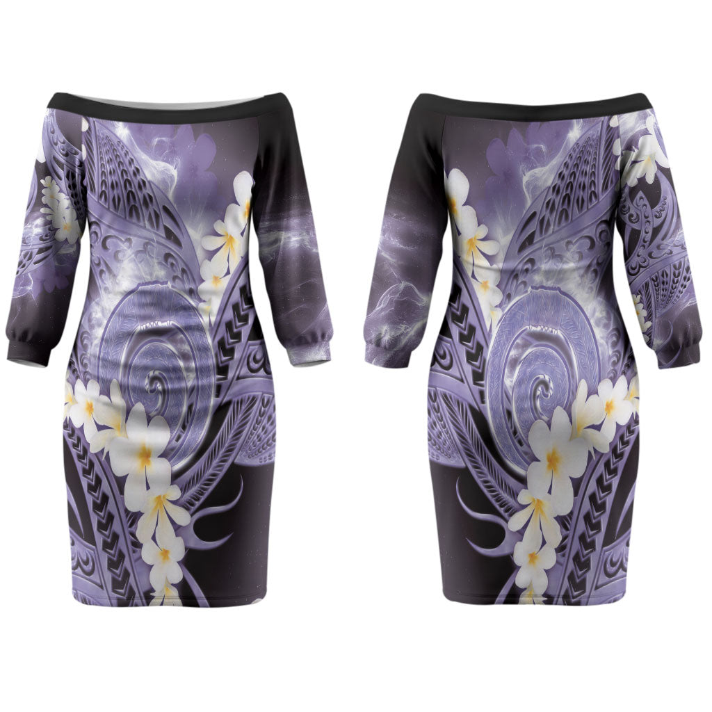 Piko Hawaiian Couples Matching Off The Shoulder Long Sleeve Dress and Hawaiian Shirt Purple Galaxy Spiral Plumeria Tribal Patterns