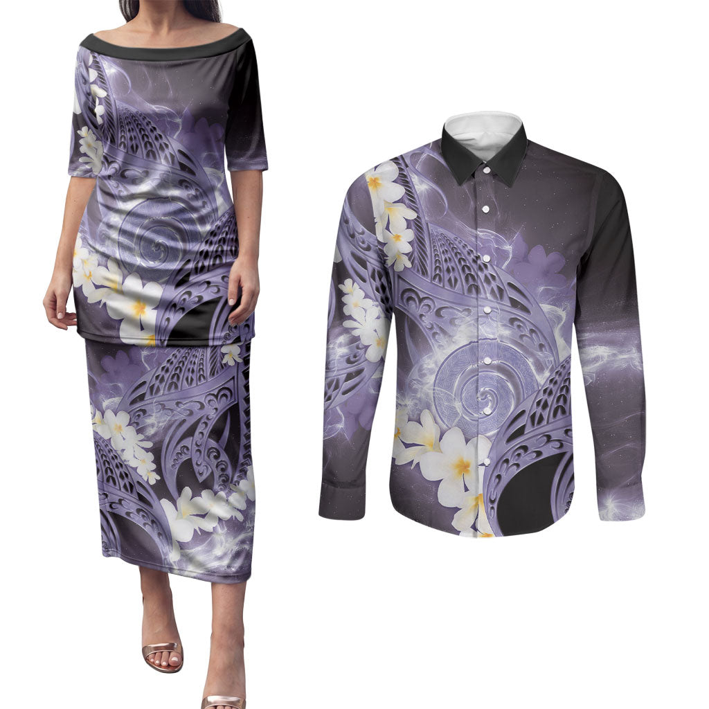 Piko Hawaiian Couples Matching Puletasi and Long Sleeve Button Shirt Purple Galaxy Spiral Plumeria Tribal Patterns