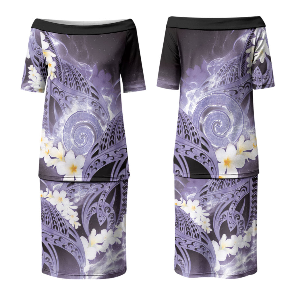 Piko Hawaiian Couples Matching Puletasi and Long Sleeve Button Shirt Purple Galaxy Spiral Plumeria Tribal Patterns