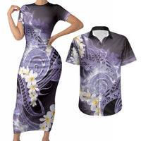 Piko Hawaiian Couples Matching Short Sleeve Bodycon Dress and Hawaiian Shirt Purple Galaxy Spiral Plumeria Tribal Patterns
