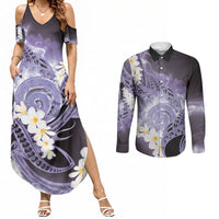 Piko Hawaiian Couples Matching Summer Maxi Dress and Long Sleeve Button Shirt Purple Galaxy Spiral Plumeria Tribal Patterns