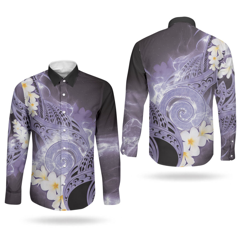 Piko Hawaiian Couples Matching Summer Maxi Dress and Long Sleeve Button Shirt Purple Galaxy Spiral Plumeria Tribal Patterns