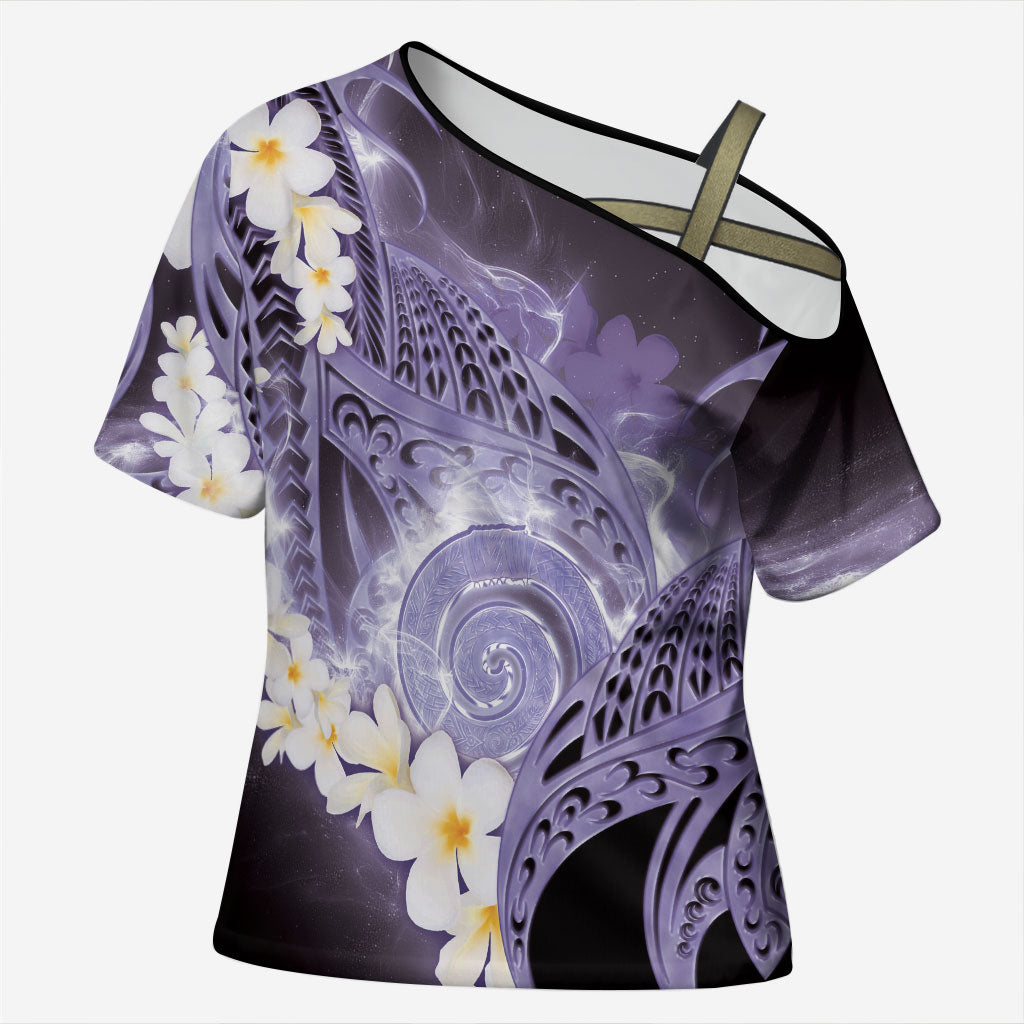 Piko Hawaiian Cross Shoulder Shirt Purple Galaxy Spiral Plumeria Tribal Patterns