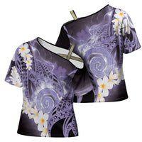 Piko Hawaiian Cross Shoulder Shirt Purple Galaxy Spiral Plumeria Tribal Patterns