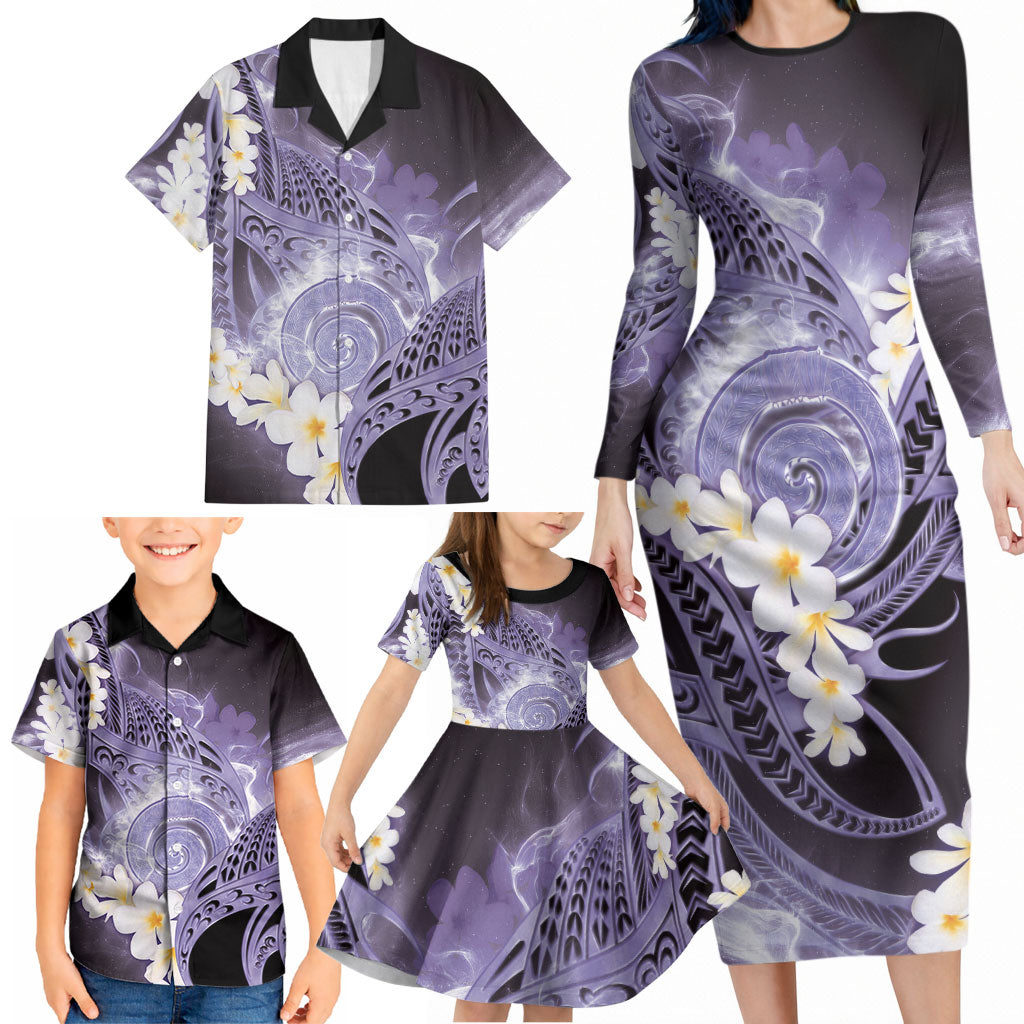 Piko Hawaiian Family Matching Long Sleeve Bodycon Dress and Hawaiian Shirt Purple Galaxy Spiral Plumeria Tribal Patterns DT05 - Polynesian Pride