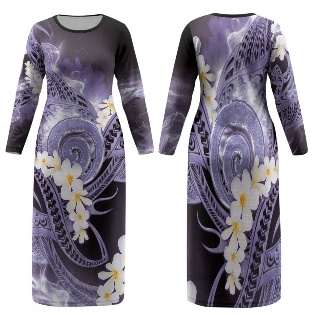 Piko Hawaiian Family Matching Long Sleeve Bodycon Dress and Hawaiian Shirt Purple Galaxy Spiral Plumeria Tribal Patterns