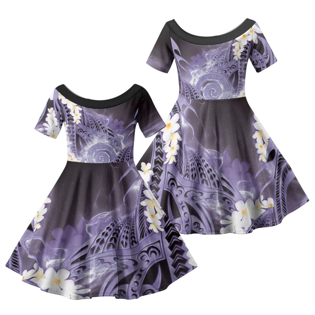 Piko Hawaiian Family Matching Mermaid Dress and Hawaiian Shirt Purple Galaxy Spiral Plumeria Tribal Patterns