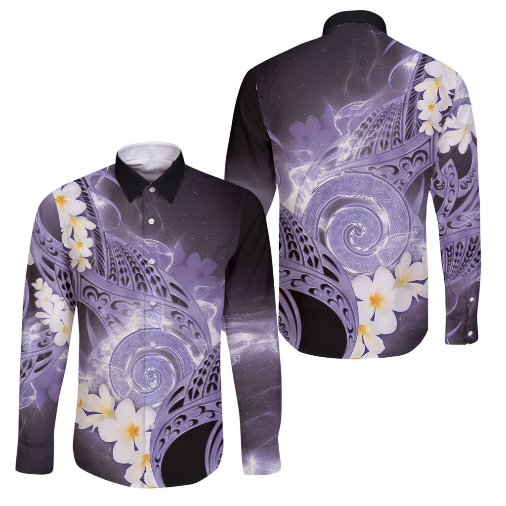Piko Hawaiian Family Matching Off The Shoulder Long Sleeve Dress and Hawaiian Shirt Purple Galaxy Spiral Plumeria Tribal Patterns