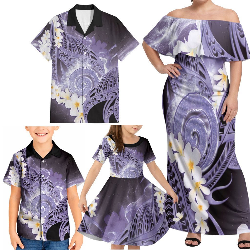 Piko Hawaiian Family Matching Off Shoulder Maxi Dress and Hawaiian Shirt Purple Galaxy Spiral Plumeria Tribal Patterns DT05 - Polynesian Pride