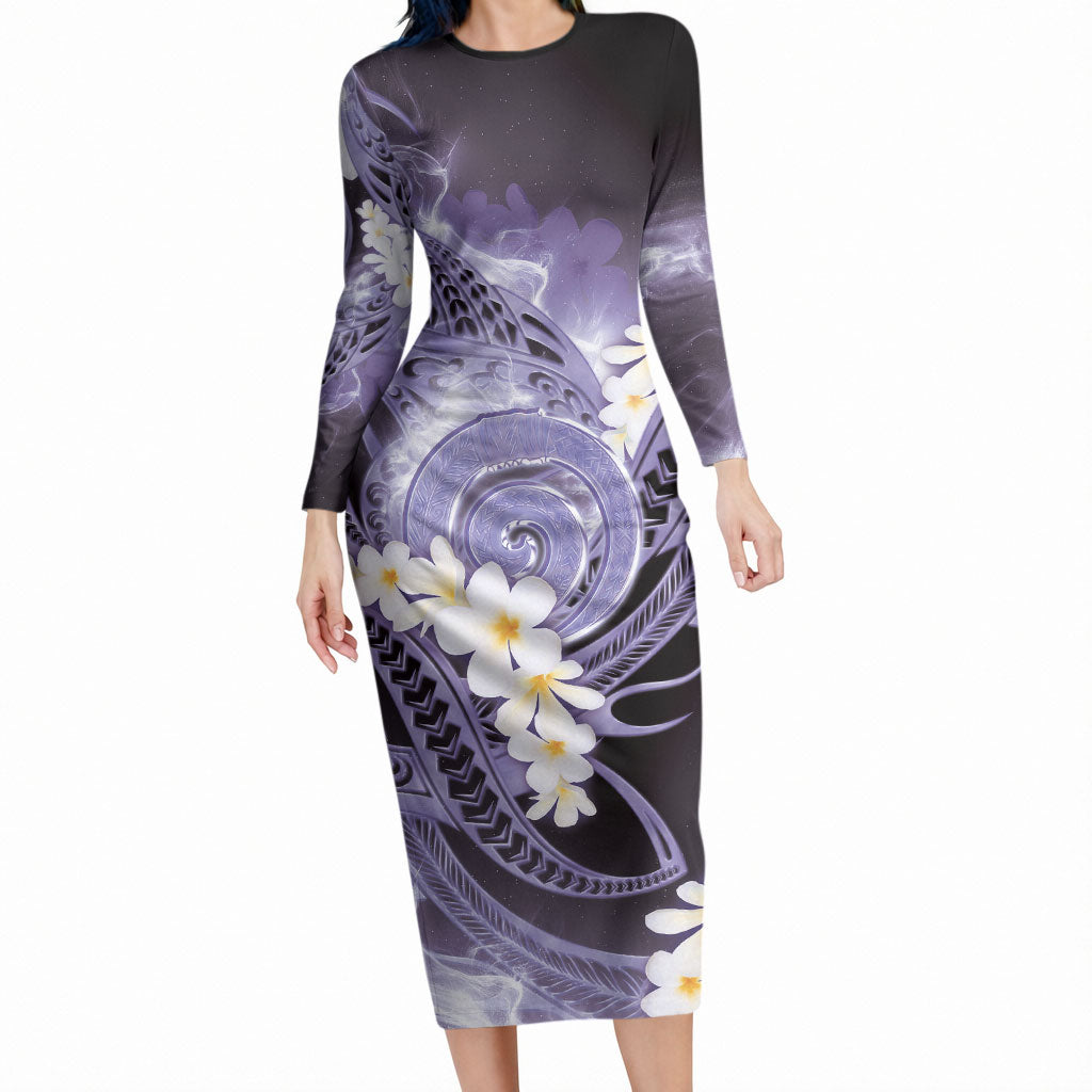 Piko Hawaiian Long Sleeve Bodycon Dress Purple Galaxy Spiral Plumeria Tribal Patterns